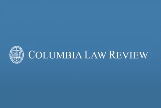 In this screenshot from the Columbia Law Review website, the words “Columbia Law Review,” in white, can be seen against a blue background, next to a logo.