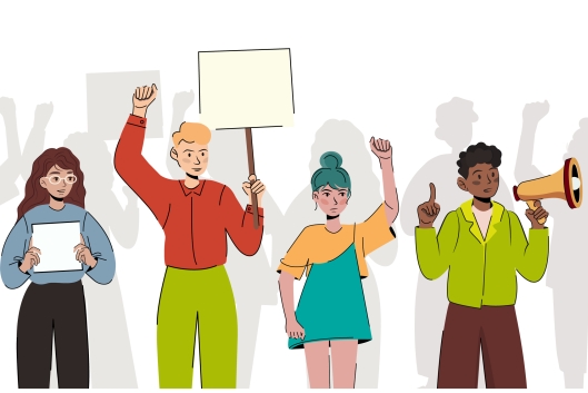 Crowd of different people at the demonstration. Angry dissatisfied man and woman are protesting with megaphone and placards with banners.