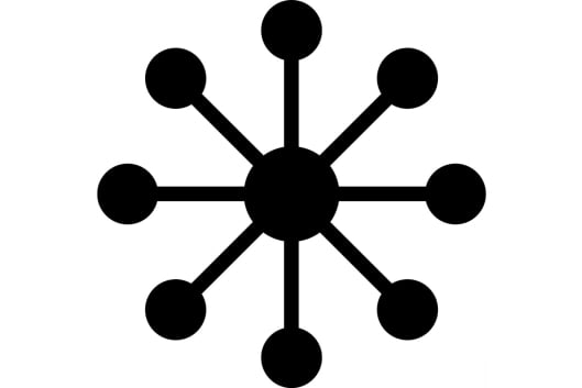 An icon depicting centralization: the icon features a central circle, from which eight lines and circles radiate outward, akin to the hub and spokes of a wheel.