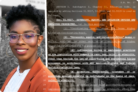 Shawntal Z. Brown is pictured wearing an orange blazer next to an image of UT Austin's campus, overlaid with text from SB 17 and a picture of Texas's outline.