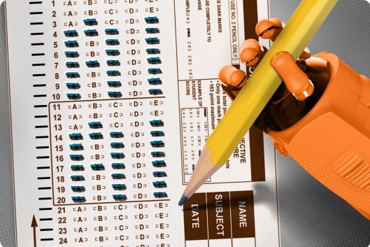 An orange robot hand holds a pencil over a standardized test. The test has bubbles filled in spelling out "A" and "I"