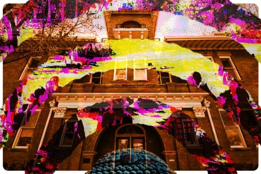 An illustration of two photos of Naropa University's campus combined.