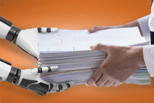 An illustration of two human hands holding a manuscript that's being handed over to two robotic hands.