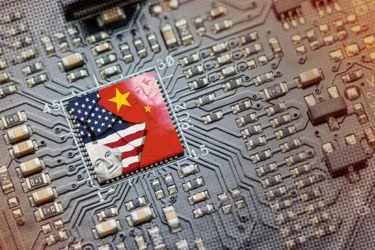 Chinese and American flags on a computer chip