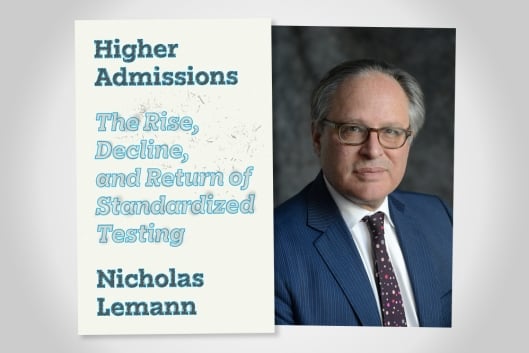 The book cover of Higher Admissions by Nicholas Lemann along with a photo of the author, a light-skinned man with gray hair and glasses.