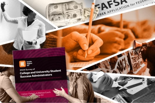 Collage-style image of cover of maroon survey report and photos of students studying and socializing, professors teaching, etc.