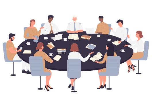 An illustration of 10 people gathered for a meeting around a round table, as they might be if engaged in faculty committee work.