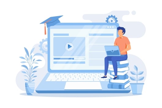Illustration: A man sits on an oversize laptop, which has a graduation cap perched on a corner of its screen. There are plants surrounding the laptop. 
