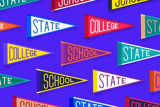 A variety of multicolored generic college pennants (bearing words like "School," "State" and "College") against a blue background.