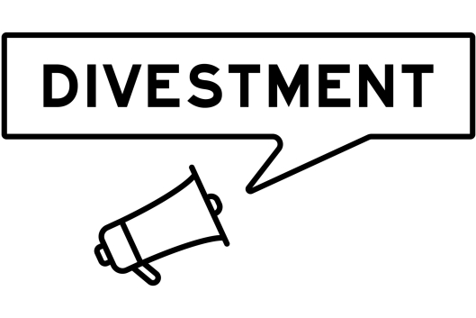 An illustration of a megaphone and a speech bubble with the word "Divestment."