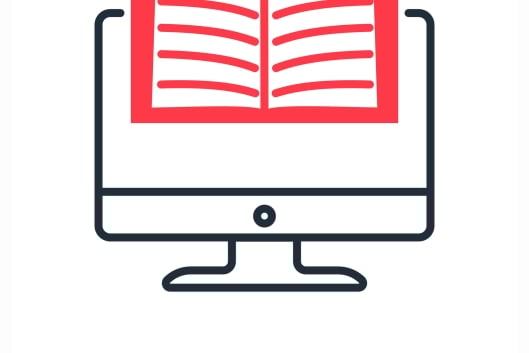 A stark, black, red and white icon-like illustration featuring an open book atop a computer monitor, above the words "Digital Literacy."
