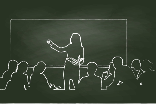 A black and white silhouette-like illustration of an instructor gesturing to a board with a group of students listening.