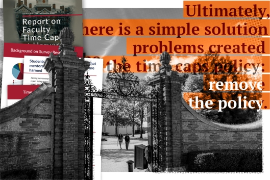A photo illustration combining quotes and images from Time Caps Working Group reports and a photograph of Harvard University's campus.