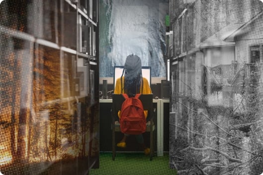 student surrounded by hurricanes and wildfires
