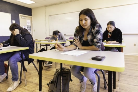 A Native American student sits at a desk with a paper in front of her.