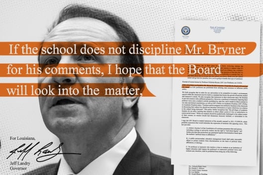 A photo illustration consisting of a photograph of Louisiana governor Jeff Landry's face with a quote from his letter to LSU officials across his face and a copy of the first page of his letter beside his head.