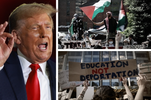 A photo illustration of Donald Trump and student protesters.