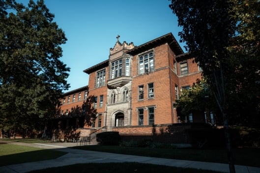 A view of Carlow University's campus on a sunny day.