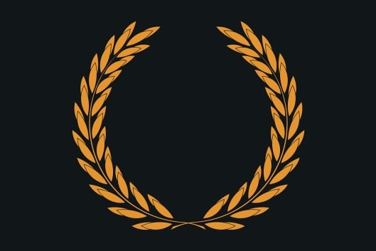 An illustration of an orange laurel wreath against a black background.