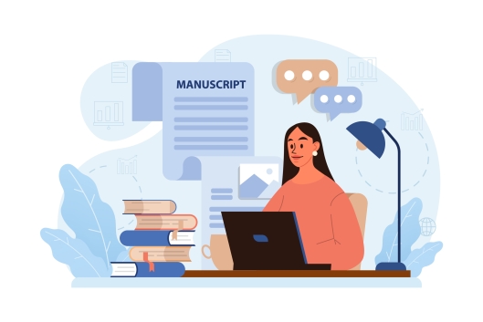 An illustration of a female writer working on a book manuscript on an open laptop at a desk.  A pile of books sits on the desk; an icon of a text with the title "Manuscript" floats next to her.