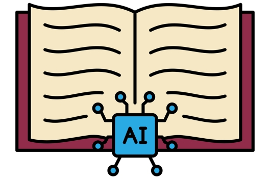 An illustration of an open book, with a chat-bot icon that says "AI."