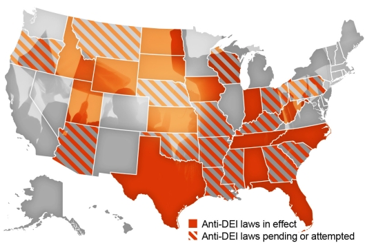 A map showing states with enacted anti-DEI legislation and pending or attempted anti-DEI bills.
