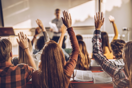 A rear view of a group of students in a lecture hall, raising their hands.