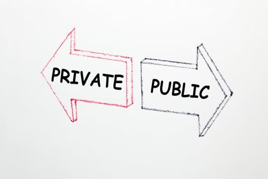 The words "private" and "public" are written in two arrows, pointing in opposite directions, against a white background.