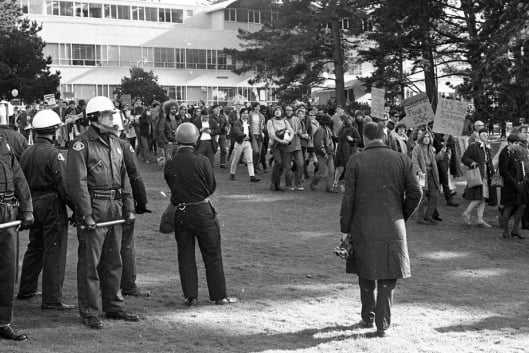 Students and teachers demonstrate on campus during San Francisco State strike, December 6, 1968