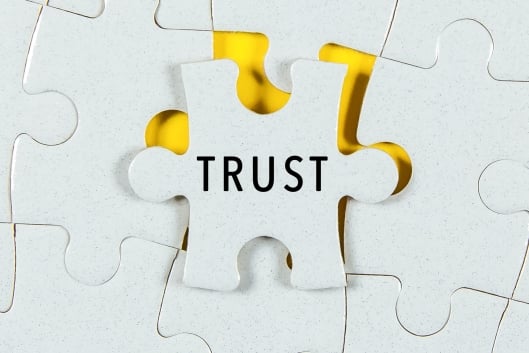 Puzzle piece fitting into larger puzzle board, with word "trust" on it