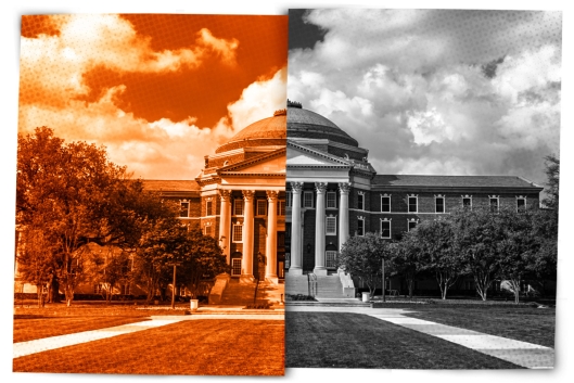 A campus photo of Southern Methodist University divided, half orange and half gray.
