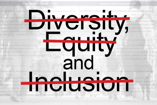 A photo illustration with a strike through of the words "diversity, equity and inclusion."