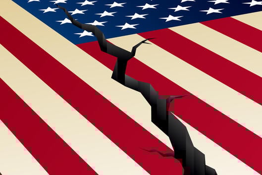 An illustration of an American flag, with a crack down the center of it.