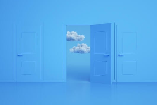 3-D rendering of the open door and cloud. Decisions and choices concept. Blue colors. Minimal design.