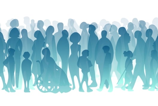 An illustration of a diverse group of individuals—senior citizens, children, a person in a wheelchair, men, women, etc.—in blue silhouette against a white background.