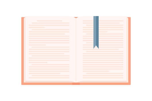 An illustration of a flat open book with an orange cover, with a blue ribbon-like bookmark marking the page it is open to.