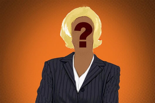 A woman with blond hair, but a question mark is replacing her face.