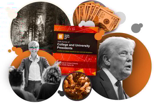 Conceptual photo collage of issues in covered in presidents survey, including a female professor teaching, President Donald Trump, the red survey cover, U.S. currency, wildfires and student protests.