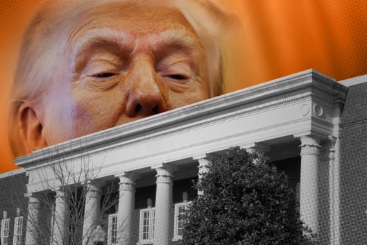 A photo illustration of Donald Trump overlooking a college campus.