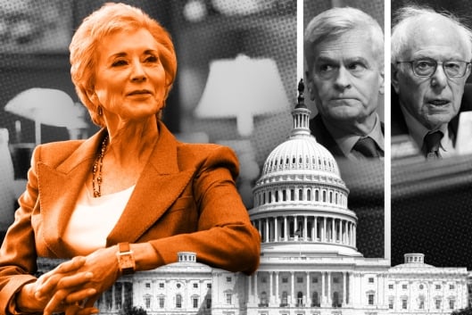 An illustration showing Linda McMahon with an elbow on the Capitol building. Images of two senators are in the corner.