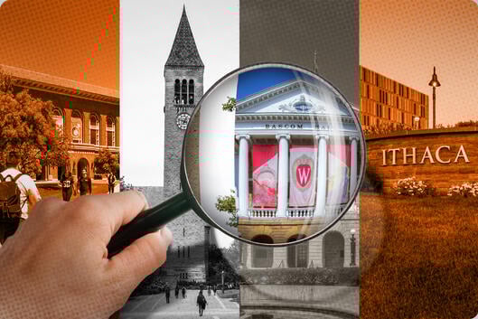 Holding a magnifying glass over Arizona State University, Cornell University, University of Wisconsin-Madison and Ithaca College.