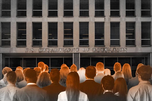 A photo illustration of workers standing in front of the Department of Education.