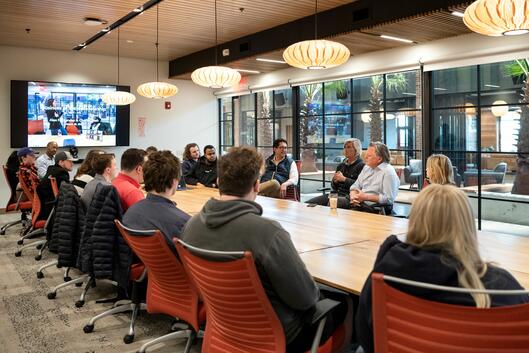 A class meets at Hula innovation campus to learn about entrepreneurship