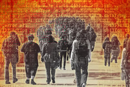 Students walking across campus with computer code behind them.