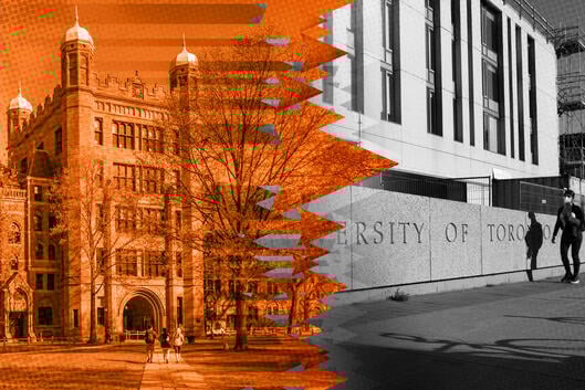 Photo illustration: Yale University campus with arrows going toward University of Toronto campus.