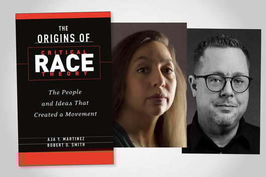 Illustration showing the black book cover and two headshots. The text reads The Origins of Critical Race Theory: The People and Ideas That Created a Movement