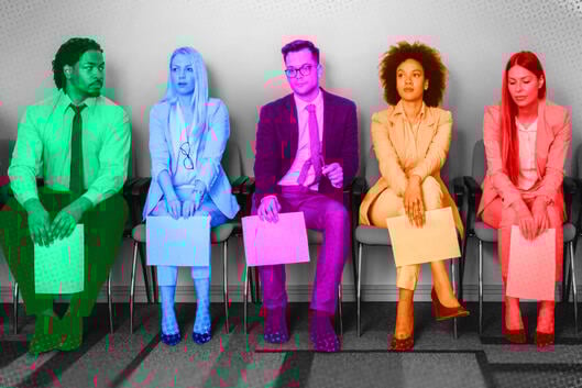 A group of brightly colored job applicants.