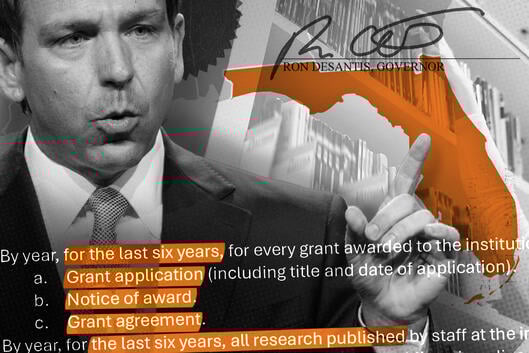 Photo illustration of Ron DeSantis along with text from the executive order