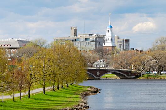 A photo of the Harvard University campus from across the Charles River in springtime, with leaves on trees just beginning to bud.