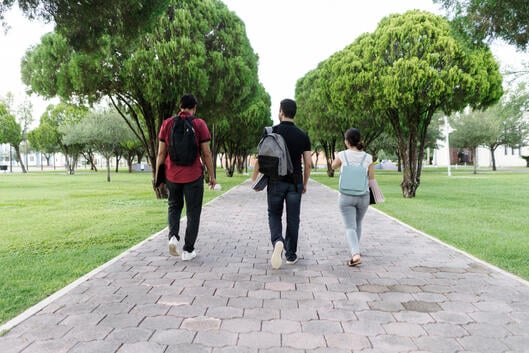 A photo of three Latinx college students walking away from a camera down a campus walkway, each wearing backpacks.